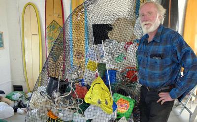 Gregory Donohue, a founder of the Oceans Institute at the Montauk Lighthouse Museum, is making a whale sculpture out of the garbage he cleaned in six weeks from the beaches of Montauk.