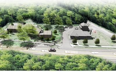 An architectural rendering shows the buildings proposed for the corner of Sayre’s Path and Montauk Highway in Wainscott. They would replace two 1950s-era model homes on the property now.