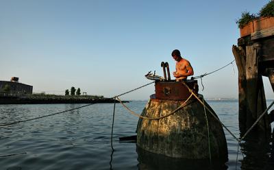 In 2007’s “After the Battle of Brooklyn,” Duke Riley recreated a Revolutionary-era submarine and used it to stage a mock attack on the Queen Mary 2 in Red Hook.