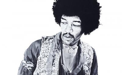 “Jimi,” an acrylic painting by Adoni Astrinakis depicting the irrepressibly cool Jimi Hendrix, is a standout piece in “The Golden Age of Rock ’n’ Roll.”