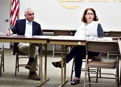 Supervisor Jay Schneiderman laid out his idea for increasing pedestrian safety, while keeping traffic moving through downtown Bridgehampton, at a citizens advisory committee meeting on Monday night. Pamela Harwood, the chairwoman, looked on.