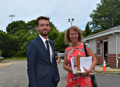 Julien Bizalion, director of operations at the Surf Lodge, with Tina Piette, the attorney who represented the resort in East Hampton Town Justice Court, where five noise violation charges were dismissed Monday.