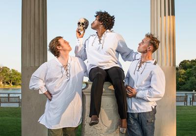 Ian J. Harkins, Shannon Harris, and Rafe Terrizzi undertook a brief contemplation of poor Yorick during a performance of “The Complete Works of William Shakespeare (Abridged)” in Southampton.