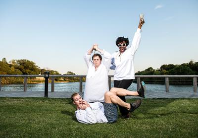 The cast of “The Complete Works of William Shakespeare, Abridged,” from left, Rafe Terrizzi, Ian Harkins, and Shannon Harris, horsed around by Lake Agawam.