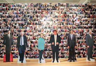 The “selfie wall” in the International Center of Photography exhibition “Winning the White House: From Press Prints to Selfies” at the Southampton Arts Center