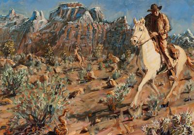 “Riding Past Zion,” from Jim Gingerich’s “Out West” series, features Lucy, the white horse the artist rode while in Utah, and a landscape with “a lot of warm tones and verticality.”