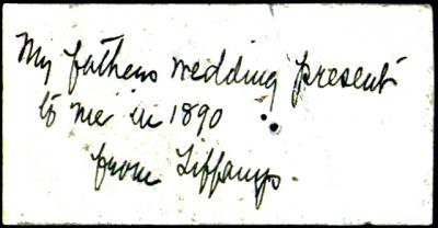 Carrie Milliken de Graff’s note on the back of her husand’s calling card identifies the Tiffany’s clock as a wedding gift from her father.