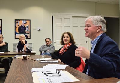 Assemblyman Fred W. Thiele Jr. is pushing Southampton Town to file an application for $700,000 for pedestrian and traffic safety improvements in Bridgheampton. At a Bridgehampton Citizens Advisory Committee meeting Monday, Sybille van Kempen, at left, whose mother, Anna Pump, was killed crossing Montauk Highway in Bridgehampton in 2015, listened.