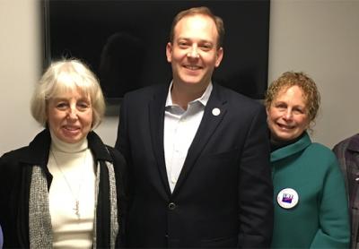 Representative Lee Zeldin, pictured at a meeting last week with Judi Roth, Carol Mellor, and other members of the League of Women Voters of the Hamptons, held a telephone town hall conference call with constituents last Thursday.