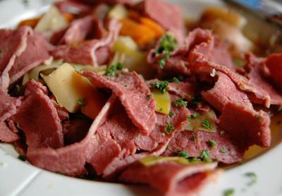 For those unable to get to Indian Wells Tavern in Amagansett on Friday, the restaurant’s chef, Tyler Hannibal, has shared the recipe for his version of corned beef, pictured above.