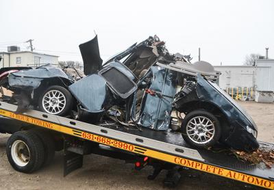 This 1999 Acura was left a mangled mess after an alleged drunken-driving crash in Montauk around 6 p.m. on Sunday. It was the only car involved in the accident.