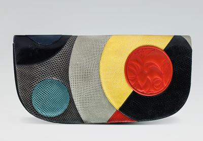 Above, a painting by Sonia Delaunay, below, fuchsias, and asparagus inspired three of the unique handbags by Judith Leiber, now on view at the Museum of Arts and Design.