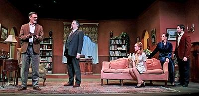 Matthew Conlon, James M. Lotito Jr., Amanda Griemsmann, Rebecca Edana, and Jesse Pimpinella star in Bernard Slade’s whodunit “An Act of the Imagination” at the Hampton Theatre Company.