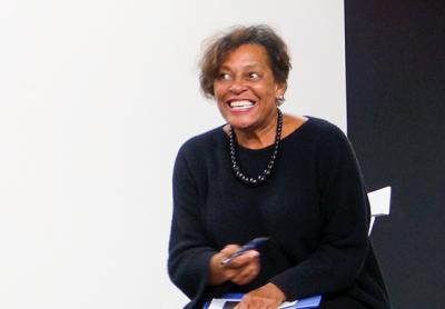 Carrie Mae Weems enjoyed a light moment before the presentation of “Grace Notes: Reflections on Now” at the Watermill Center.