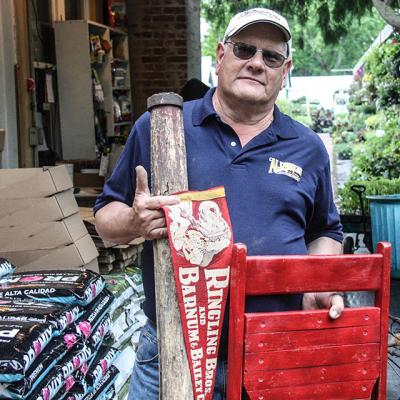 Donald Horowitz collects circus memorabilia, including a circa 1950s pennant and chair from Ringling Bros. and Barnum & Bailey Circus, and a tent stake he believes dates to the 1930s.