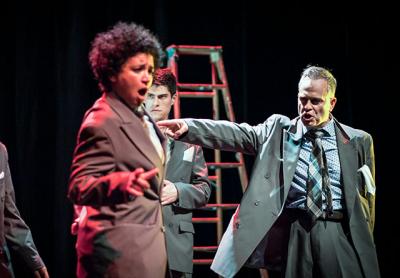 Rami Margron, Max Samuels, and Christopher Daftsios, from left, star with Nazli Sarpkaya (not pictured) in “Angry Young Man” at Guild Hall.