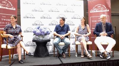 Amy Zavatto of the Long Island Merlot Alliance, left, interviewed the winemakers Kareem Massoud of Paumanok Vineyards, Kelly Urbanik Koch of Macari Vineyards, and Roman Roth of Wolffer Estate Vineyards last Thursday at the East Hampton Library.