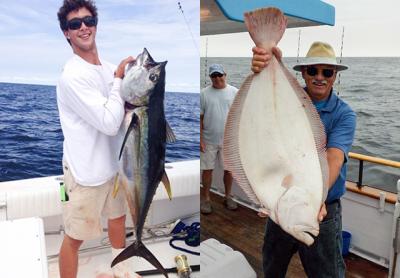 Left, Andy Zuccitti of East Hampton hoisted a 50-pound bluefin he caught south of Montauk last week. Right, Ole Olsen snagged a 14.52-pound fluke on the Ebb Tide II