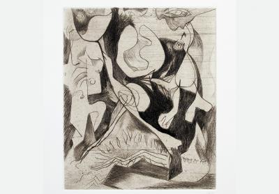 The disjointed body parts and other forms in this untitled engraving from about 1944 are similar to the vestiges of figures in Jackson Pollock’s paintings and drawings of the same period.