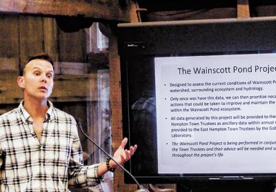 Christopher Gobler of Stony Brook University’s School of Marine and Atmospheric Sciences described the water quality research he plans for Wainscott Pond to the East Hampton Town Trustees.