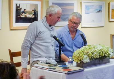 Randy Lerner and Dan Rizzie discussed the latter’s artwork at the Amagansett Library.