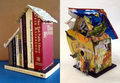 One-of-a-kind birdhouses by Lori Pavsner, left, and Rosalind Brenner