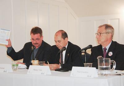 Jerry Larsen, left, Manny Vilar, center, and Paul Giardina, Republican candidates, discussed environmental issues at Scoville Hall last Thursday in a forum sponsored by Concerned Citizens of Montauk and the New York League of Conservation Voters Education Fund.