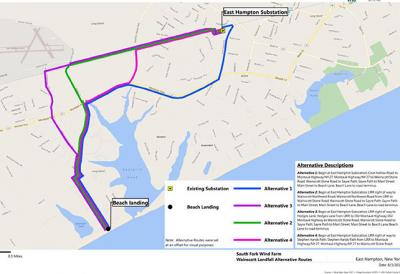 Deepwater Wind’s recent presentation included a map detailing four possible routes for the South Fork Wind Farm’s cable after a proposed landing at Beach Lane in Wainscott.