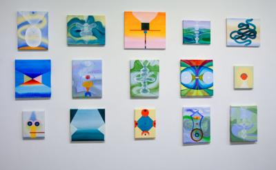 A sampling of Emily Cheng’s smaller paintings, part of her exhibition “The Immensity of Particles,” on view at Ille Arts in Amagansett.