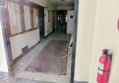 A  hallway at the former East Hampton Town Hall on Pantigo Road, where important records in the basement have become moldy and will have to be removed by a clean-up company.