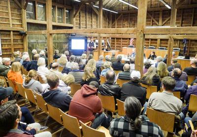 Clint Plummer of Deepwater Wind addressed a crowd at East Hampton Town Hall on Monday.