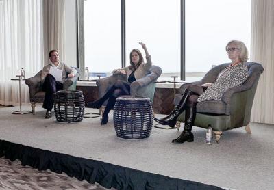 Stephanie Diamond of Schwab Charitable, a donor-advised fund, speaking, with Andrew Stern of YorkBridge Wealth Partners in Bridgehampton and Loretta Davis, the executive director of the Retreat domestic violence programs, at a business leaders’ conference held at Gurney’s Resort in Montauk on Monday.