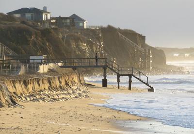 On the downtown Montauk beach, a northeaster with exceptionally high tides gouged away sand, exposing the sandbag seawall placed there two years ago by the Army Corps of Engineers.