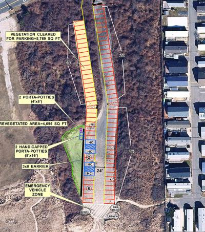 Several renderings of a reconfigured and paved “Dirt Lot” at Ditch Plain Beach in Montauk were displayed at East Hampton Town Hall on Tuesday.