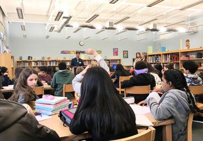 Ian Calder-Piedmonte of Balsam Farms spoke about the farming industry to eighth graders at the East Hampton Middle School as part of their study of “The Omnivore’s Dilemma” by Michael Pollan.