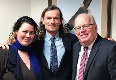 A jury found James Henry, a tenant in Northwest Woods, not guilty of violating East Hampton Town’s rental registry law. After the verdict was announced, he posed with his girlfriend and housemate, Katlyn Albrecht, and his attorney, Lawrence Kelly.