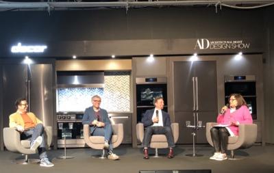 Fern Mallis, right, led a discussion of daring and dramatic design and so much more with, from left, Jason Oliver Nixon, John Loecke, and Joe Nahem at this year's Architectural Digest Design Show at Pier 94 in New York City.