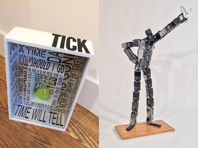 Left, Karyn Mannix’s “Tick Tock,” a mixed-media work with found objects. Right, Rossa Cole’s “Nam June Paik Takes a Selfie” is made out of outmoded cellphones.