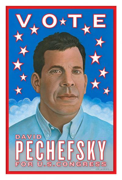 David Pechefsky, one of five Democrats seeking the nomination to face Representative Lee Zeldin, got a boost from the artist Paul Davis, who designed this poster for the candidate.