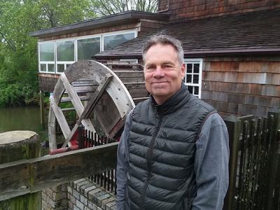 Ricky Muller refashioned and stabilized the Water Mill Museum’s water wheel behind him. As he’ll be the first to tell you, it isn’t original to the 1640s building, but it looks nice.