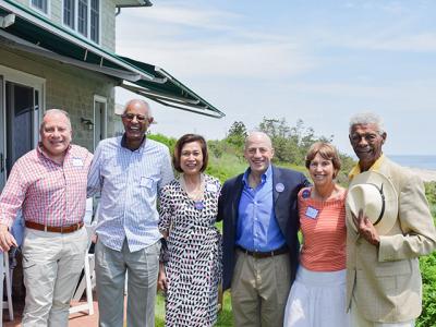 Loida Lewis hosted Perry Gershon, a candidate for the Democratic Party nomination to represent New York's First Congressional District, at her East Hampton residence. Pictured from left are David Mazujian, E.T. Williams, Ms. Lewis, Mr. Gershon, Alice Tepper Marlin, and Bill Pickens.