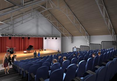 A rendering of the proposed 150-seat theater at the Montauk Playhouse  Community Center, above, as envisioned by the project’s architect, Scott  DiBerardino of Island Structures Engineering. The theater is intended for performances, lectures, and conferences. Below, the proposed aquatics center, which is to include a 25-yard fitness pool.