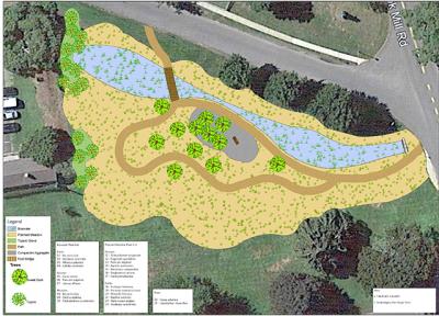 The plan for the Methodist Lane bioswale includes a meadow featuring native plantings, pathways, and a footbridge.