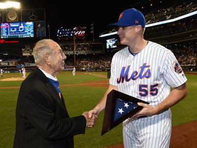 The New York Mets honored Pat DeRosa’s military service at their game last Thursday. The Mets’ Corey Oswalt presented a flag to the Montauk resident in a ceremony during the game.