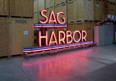 The Sag Harbor Cinema sign, which was restored after being damaged in a 2016 fire, is in storage in Bridgehampton.