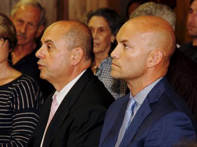 Manny Vilar, left, and David Lys, right, answered questions from local clergy during a forum last Thursday sponsored by the East Hampton Clericus.