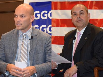 David Lys, left, and Manny Vilar, his challenger for an East Hampton Town Board seat, faced off in an East Hampton Group for Good Government debate on Tuesday.