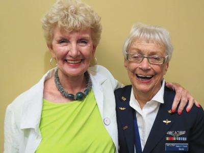 Patricia DelGiorno, left, has studied women such as Shirley Kruze, a veteran of the Women’s Air Services Pilots program, and now gives presentations about the oft-forgotten contributions of World War II servicewomen and nurses at venues such as Rogers Memorial Library in Southampton, where she appeared yesterday.