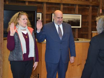 Kathy Cunningham and Sam Kramer were sworn in as officers of the East Hampton Town Planning Board last Thursday.