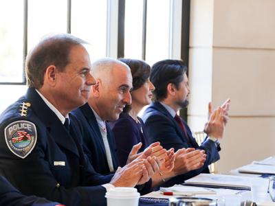 Among the policymakers who spoke about the fight against the opioid epidemic at a forum in Southampton last week were, from left, Southampton Town Police Chief Steven Skrynecki, Southampton Town Supervisor Jay Schneiderman, Lt. Gov. Kathy Hochul, and Jim Malatras of the Rockefeller Institute for Government.